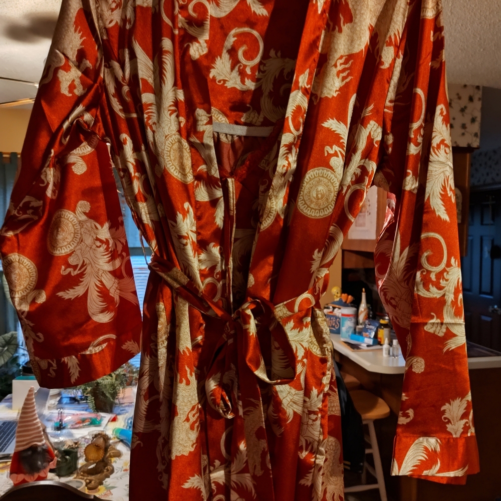 Satin Kimono Robe with Gold Dragon And Medallion Print